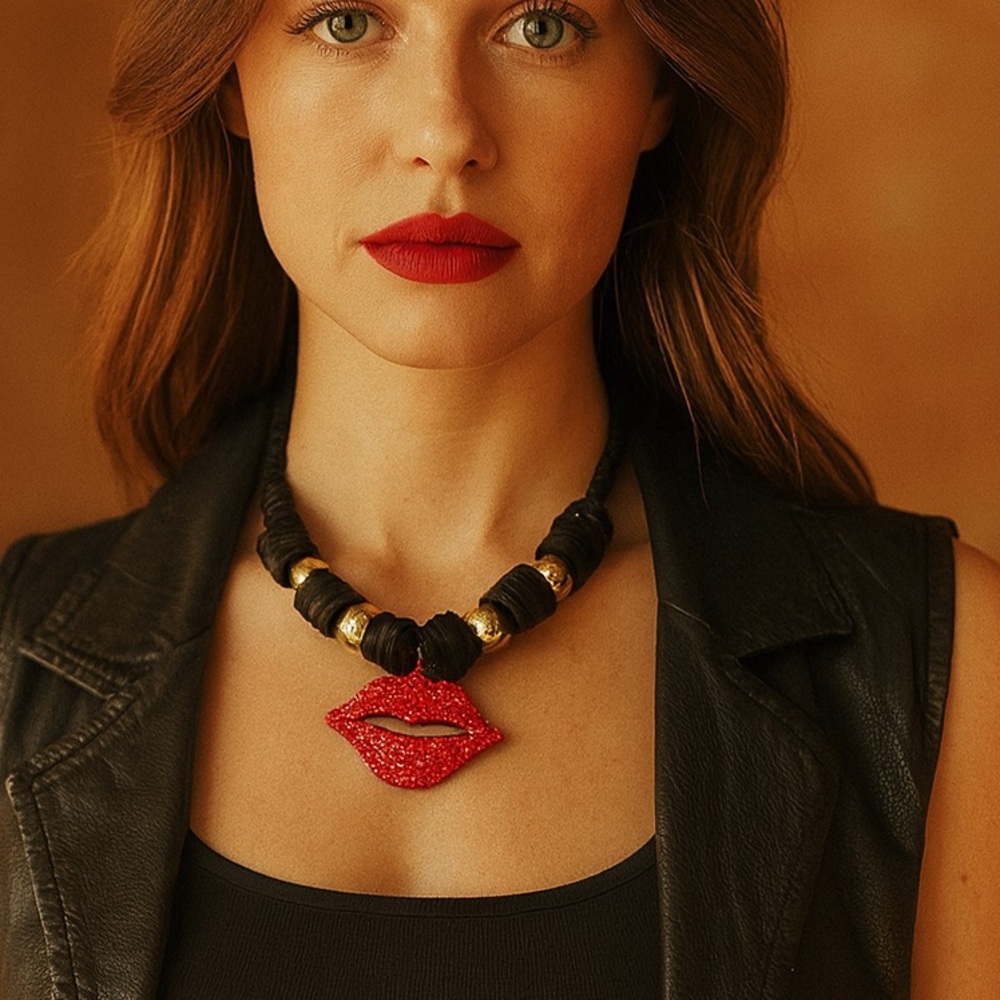 NWT Beaded Choker Black Red Glitter Lips Rope Statement Medallion Cord Necklace